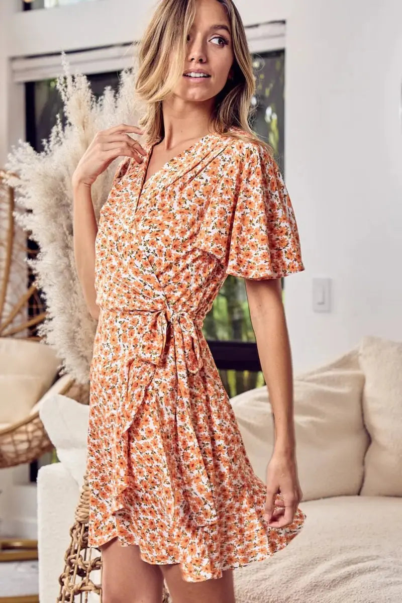 BiBi Floral Tied Short Sleeve Mini Wrap Dress for Summer - Love Salve